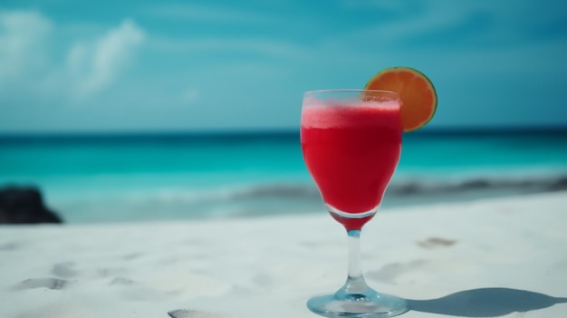 Una copa de cóctel rojo en una playa