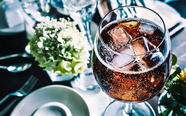 Una copa de cola con hielo en la mesa