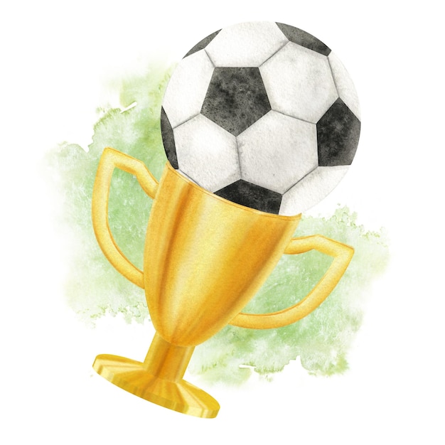 Copa de ouro com bola de futebol e salpicos verdes Jogo de futebol Campeão troféu de ouro Copo prêmio para vencedor primeiro lugar vitória Atributos de competições esportivasWatercolor ilustração isolada