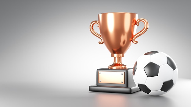 Copa do troféu de bronze e bola de futebol ou futebol em fundo cinza com renderização em 3D de espaço de cópia