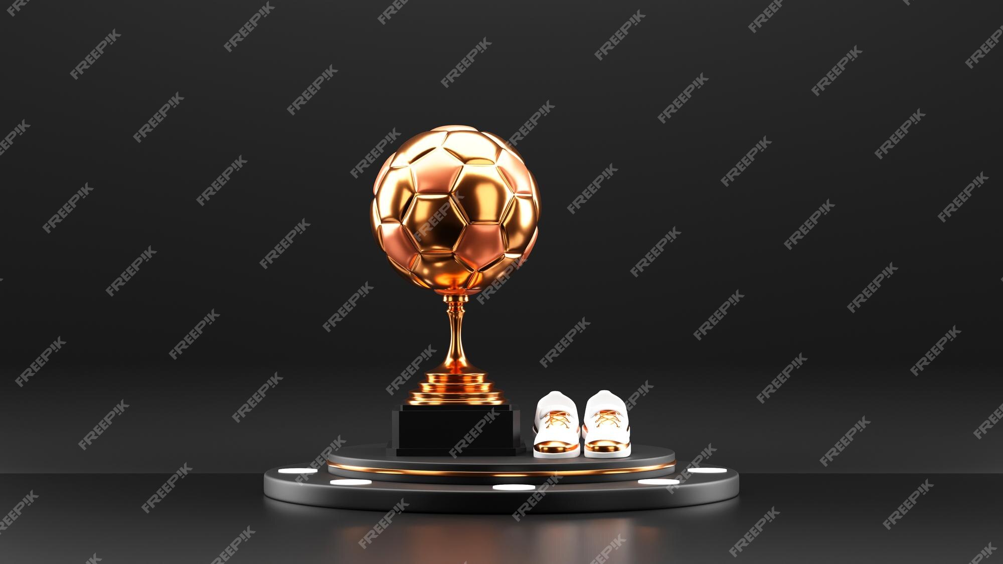 Copa do troféu 3d e bola de futebol. prêmio de 1º lugar.jogo de futebol e  recompensa em ouro. conceito de vencedor.