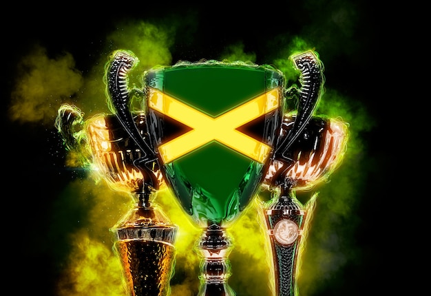 Copa do troféu texturizada com bandeira da Jamaica. Ilustração digital 2D.