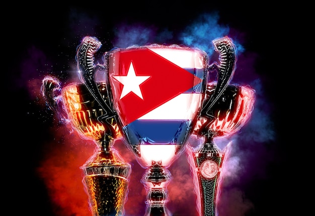 Copa do troféu texturizada com bandeira de cuba. ilustração digital 2d.