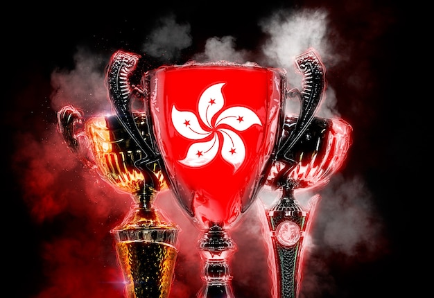 Copa do troféu texturizada com bandeira de hong kong. ilustração digital 2d.