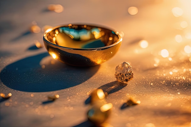 una copa dorada de champán con un anillo doradoanillos de boda sobre la mesa con una velauna copa dorada