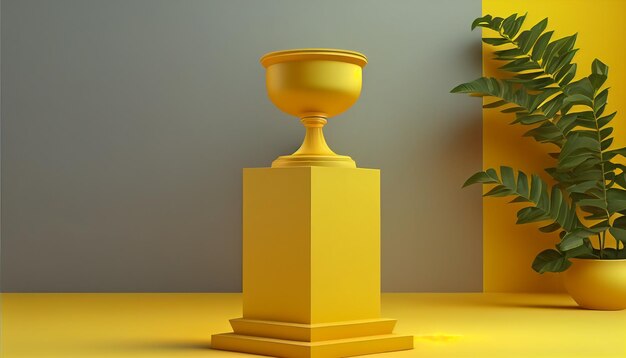 Una copa dorada sobre un pedestal con una planta al fondo