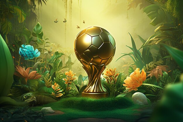 Foto copa dourada de fundo de jogo com bola de futebol em um fundo tropical