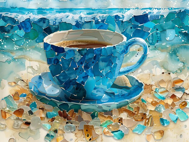 Copa de Elías con textura de fragmentos de vidrio de mar Ilustración de la colina costera Decoración de fondo de tendencia