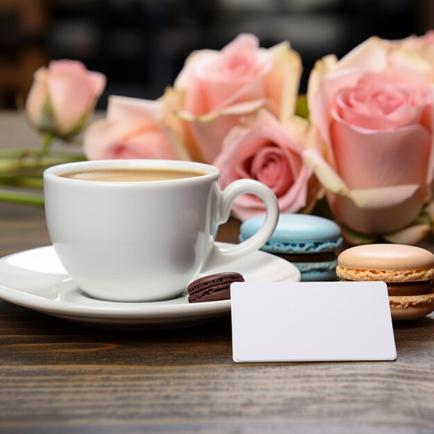 Copa de espresso tarjeta de visita blanca y macarrón azul en la mesa Para el tamaño de la publicación en las redes sociales