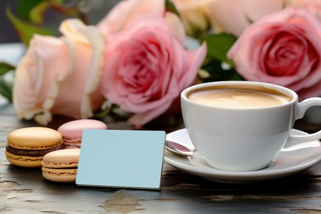 Copa de espresso tarjeta de visita blanca y macarrón azul en la mesa