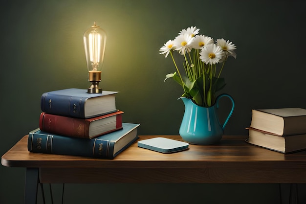 Copa flores em lata livros e lâmpada na mesa