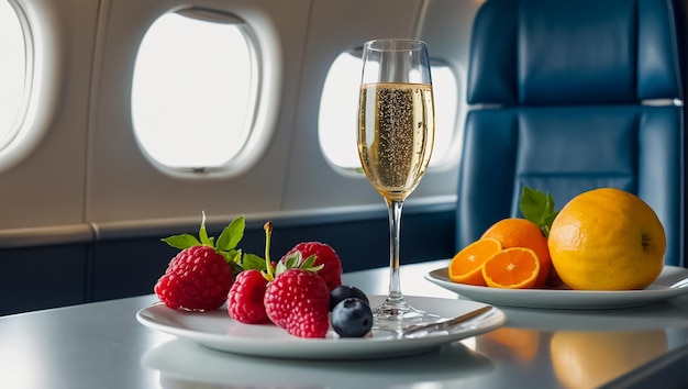 Una copa de frutas de champaña en la mesa del avión.