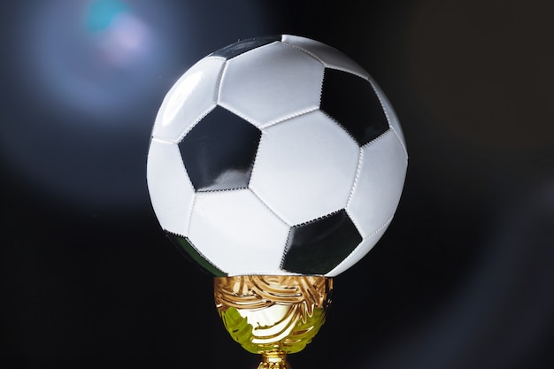 Copa de fútbol con balón de fútbol sobre hierba