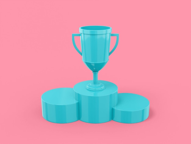 Copa ganadora de un color azul sobre un pedestal sobre un fondo plano rosa Objeto de diseño minimalista icono de representación 3d elemento de interfaz ui ux