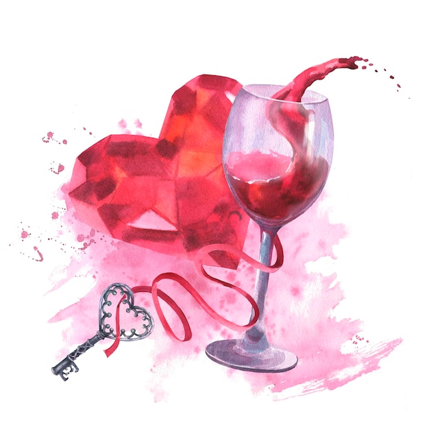 Copa de ilustración de acuarela con cristal de diamante de corazón de salpicaduras de vino tinto en piedra preciosa de color rosa