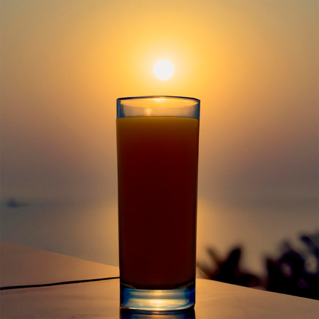 Foto copa de jugo de naranja al atardecer en la playa