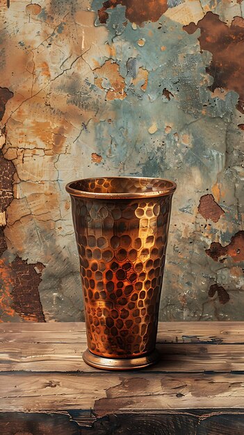 Foto copa kiddush con textura de cobre martillado collaje metálico ilustración decoración de fondo de tendencia