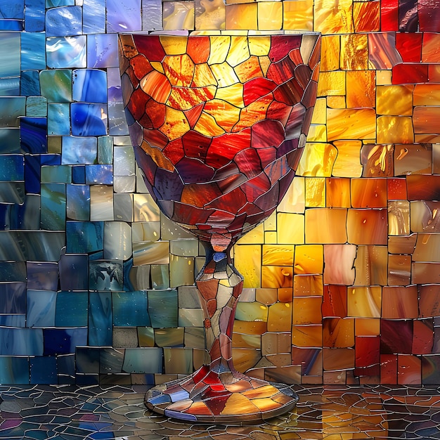Copa Kiddush con textura de vidrio teñido Ilustración de collage translúcido Decoración de fondo de tendencia
