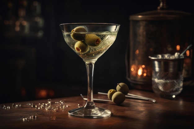 Una copa de martini con aceitunas verdes se sienta en una mesa con una vela y una copa de martini de plata.