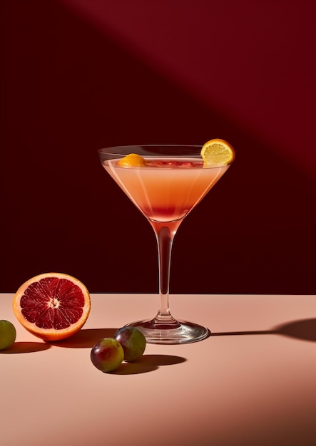 Una copa de martini con una bebida rosa y pomelo sobre una mesa.