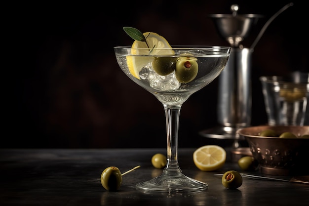 Una copa de martini con una guarnición de aceitunas verdes y limón.