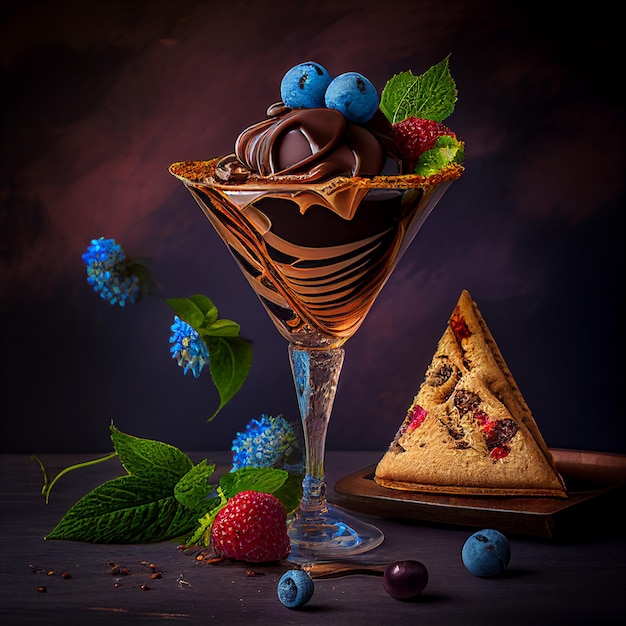 Foto una copa de martini con una rodaja de arándanos y un postre de chocolate.