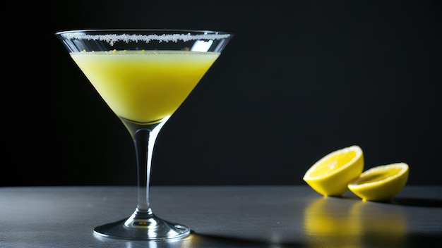 Una copa de martini con una rodaja de limón al lado.
