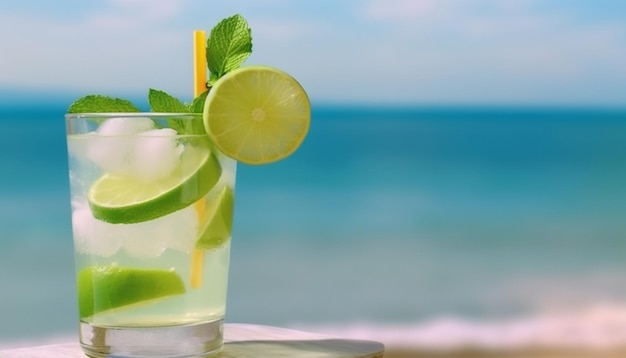 Una copa de mojito con limas y una playa al fondo