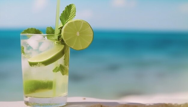 Una copa de mojito con limas y una playa al fondo