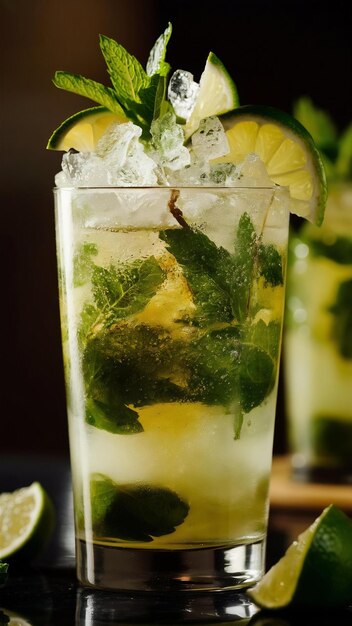 Una copa de mojito con menta y hielo.