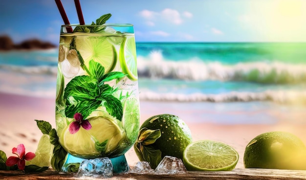 Foto una copa de mojito en una playa con una playa al fondo