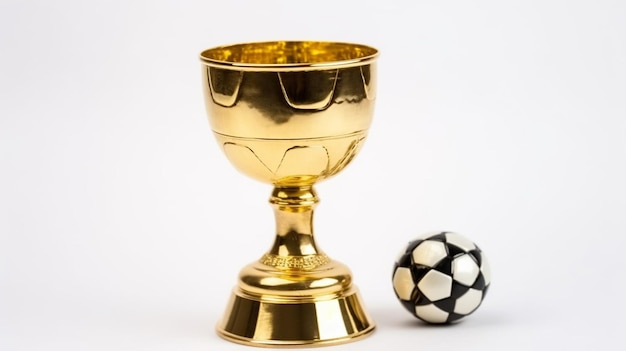 Una copa de oro y un balón de fútbol sobre un fondo blanco.