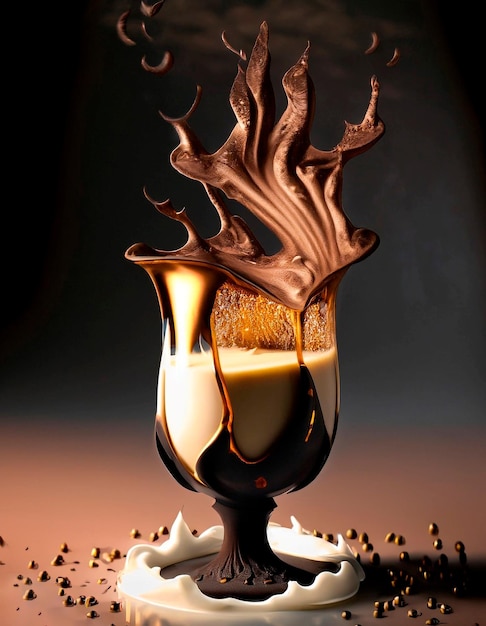 Copa de oro con chocolate caliente con leche y humo.