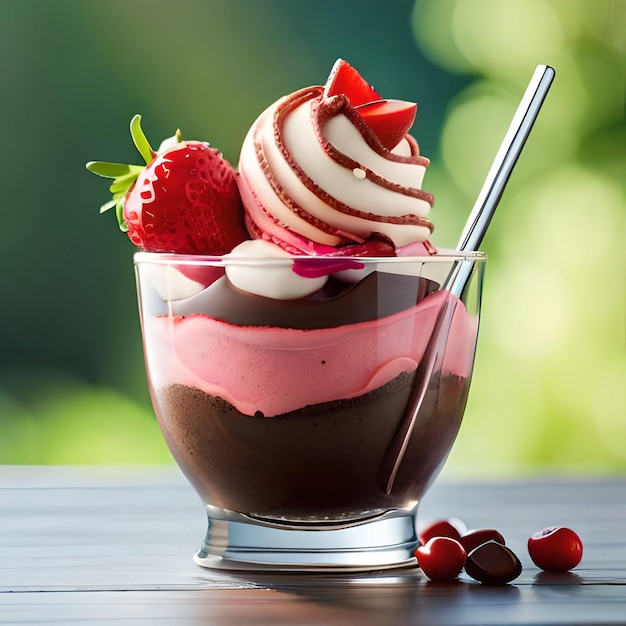 Una copa de postre de chocolate con fresas y crema batida.