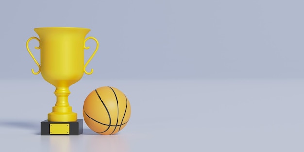 Copa de premio en fondo pastel con pelota de baloncesto El concepto de logro de la victoria