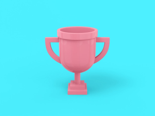 Copa de premio monocolor rosa sobre fondo azul sólido. Objeto de diseño minimalista. icono de renderizado 3d elemento de interfaz ui ux.