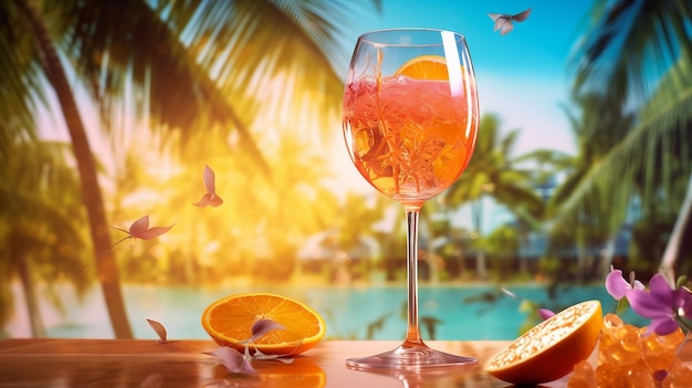 Copa de refrescante cóctel aperol spritz con fondo de un resort tropical de verano