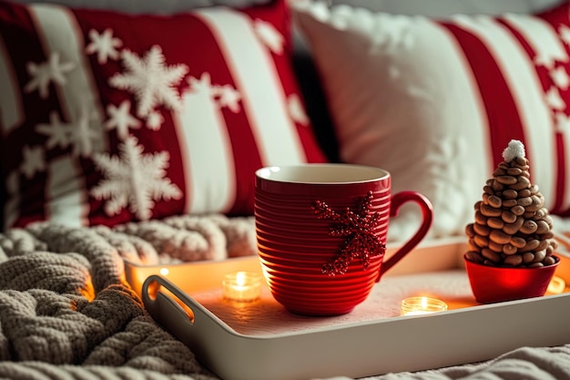 Copa roja para el año nuevo o Navidad en una bandeja blanca en una cama con luces rojas y blancas