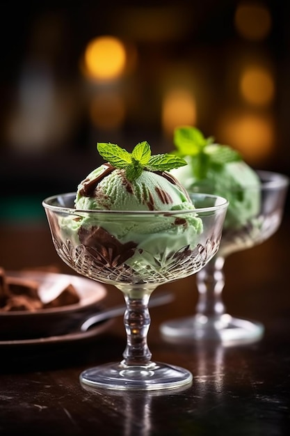 Una copa de sabroso helado de chocolate con menta Menú especial de verano