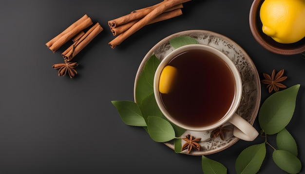 una copa de té con hojas de té y una taza de té con palitos de canela