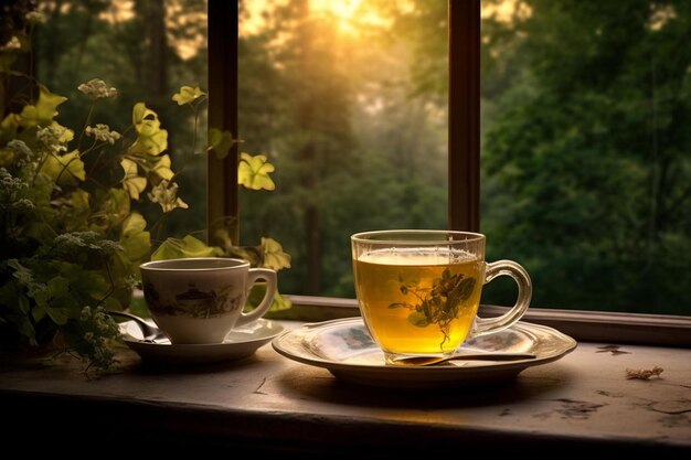 una copa de té y una taza de té en una bandeja