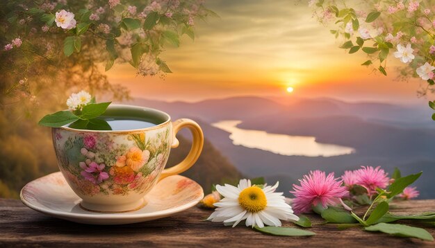 una copa de té y una taza de té con flores en una mesa de madera