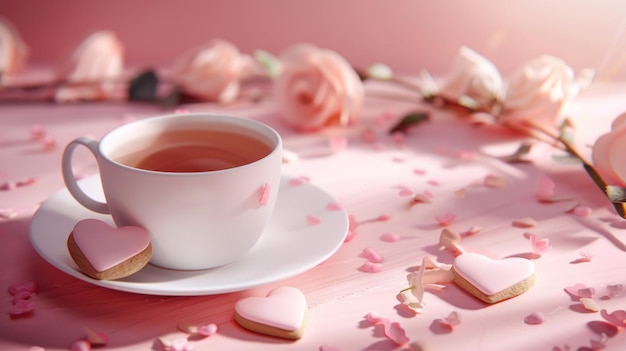 una copa de té y una taza de té en una mesa con corazones y flores