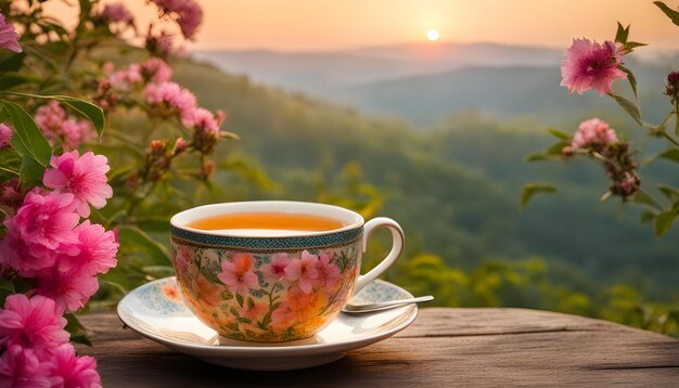 una copa de té y una taza de té en una mesa de madera