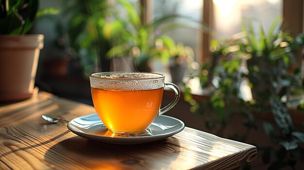 una copa de té con una taza de té en una mesa