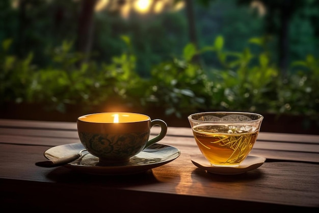 una copa de té y una taza de té en una mesa