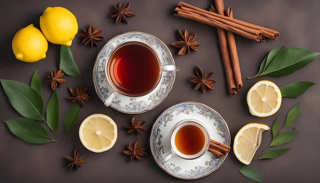 una copa de té y una taza de té con palitos de canela y palitos de cannela