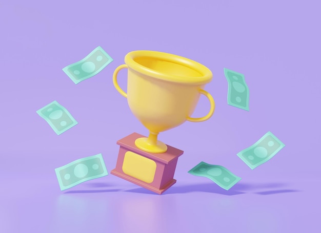 Copa de trofeo de dibujos animados mínimo billete dólar fondo púrpura flotante lindo campeón Celebrat 1ra recompensa ganador concepto 3d render ilustración