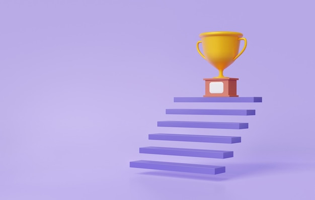 Copa de trofeo de dibujos animados mínimo con escalera flotando sobre fondo púrpura pastel lindo campeón de estrategia de negocios superior suave 1er concepto de ganador objetivo exitoso banner 3d render ilustración