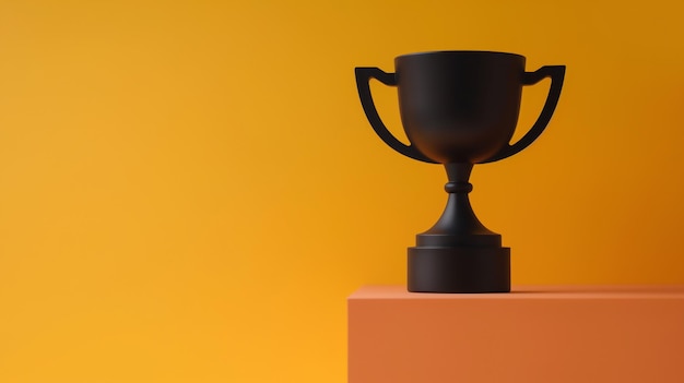 Una copa de trofeo negra mate en un pedestal naranja con un vivo fondo amarillo-naranja